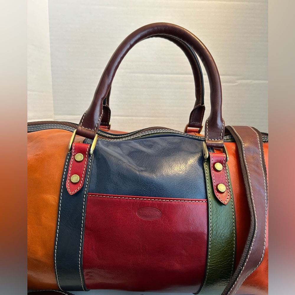 Tornabuoni Duffle bag leather luggage Burgundy Chestnut Brown Made in Italy New - Picture 3 of 13